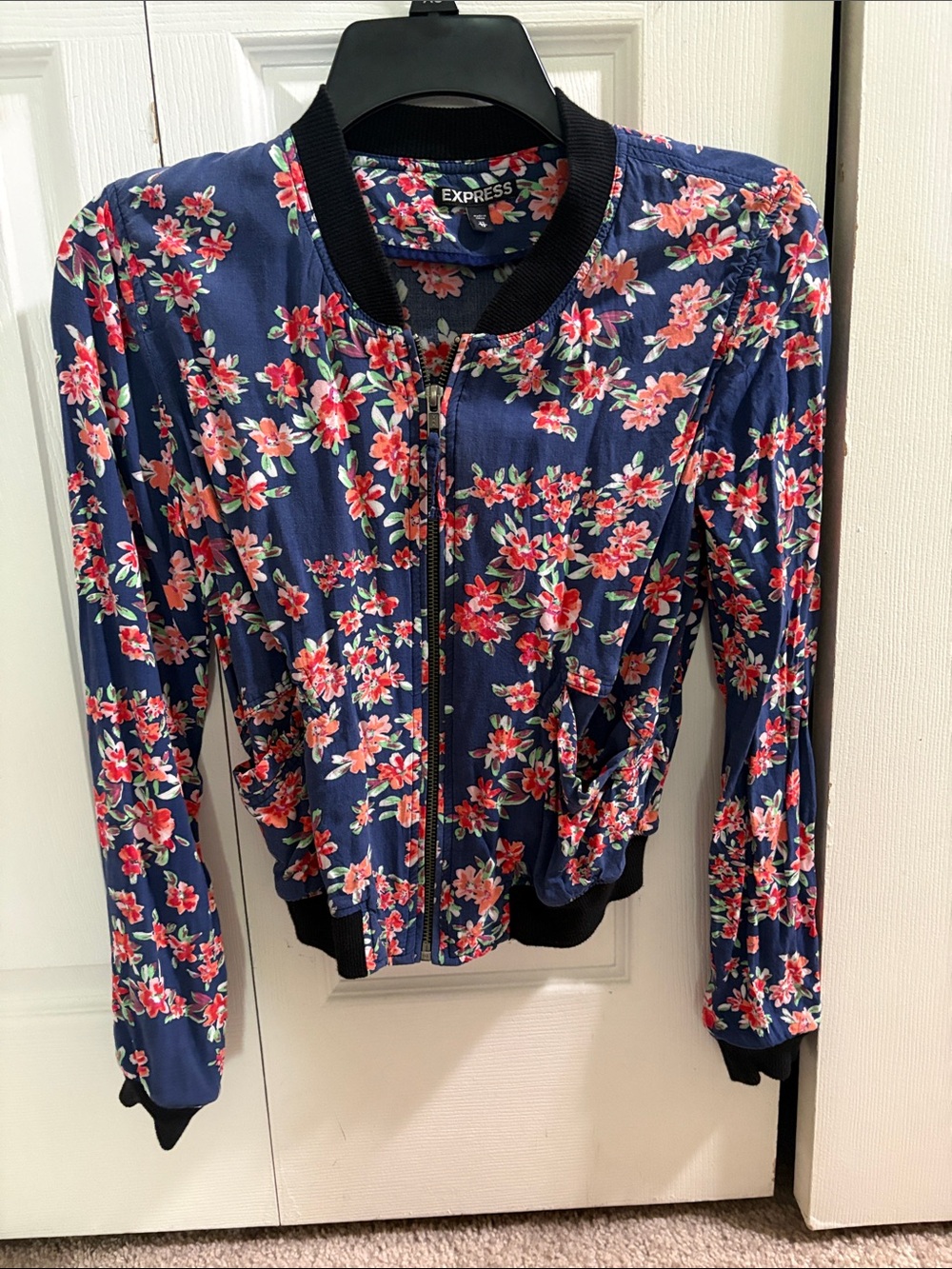 Express Navy Bomber Jacket with Pink Floral Print